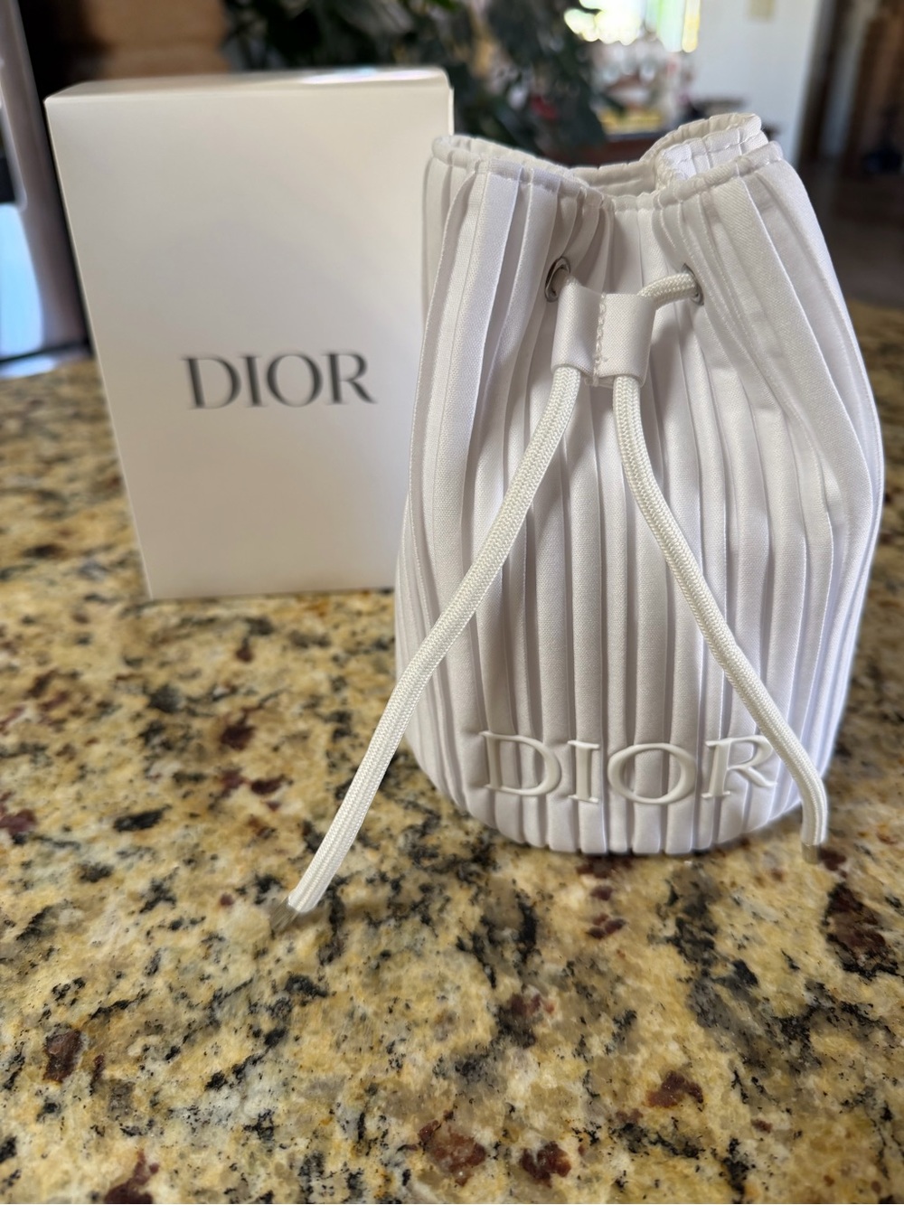 Dior Pleated Drawstring Beauty Pouch White Travel Jewelry Bag w/ Box NIB